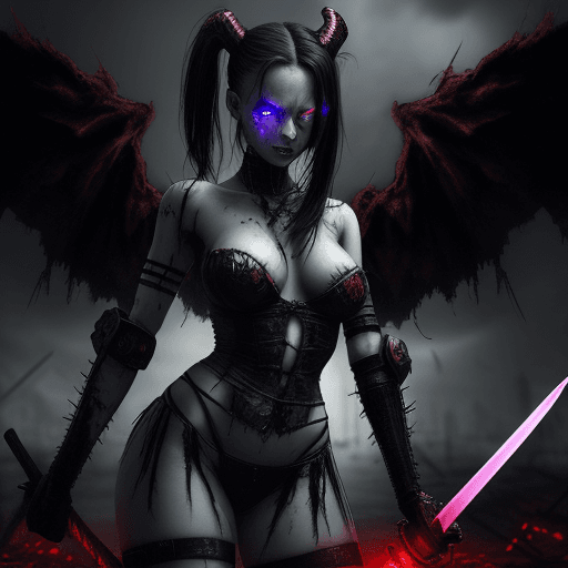 AI generated: erotic demon,very angry ,glowing eyes,with a sword,in hell,wings a sensual woman in a post-apocalypt...