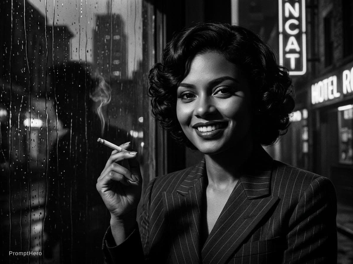 AI generated: film noir photo, beautiful woman, in the style of Robert Coburn, slight blur --chaos 20 --ar 1:2 --s...