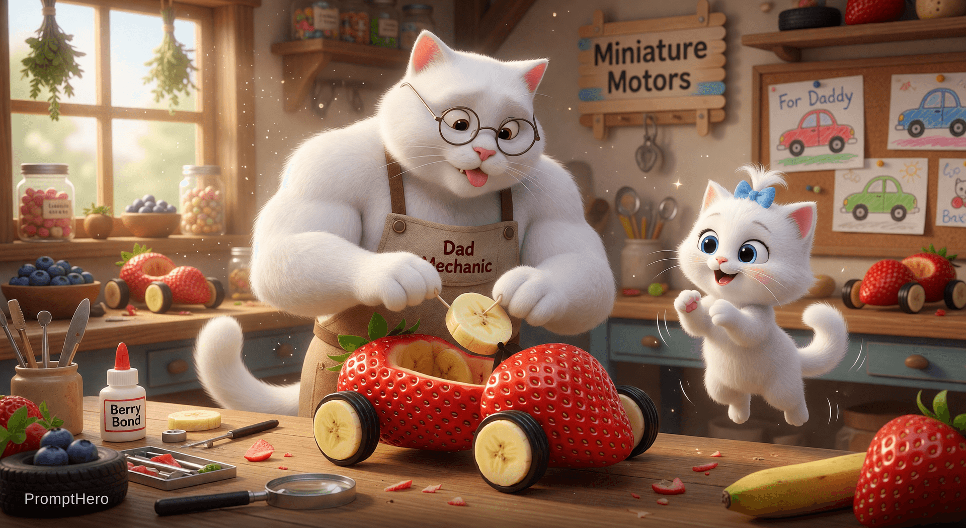 AI generated: A buff, muscular white cat with a human-like body is carefully hand-crafting a miniature toy car mad...