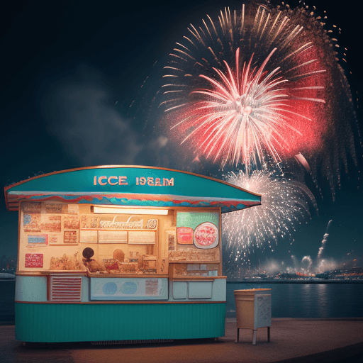 AI generated: ice cream stand. Fireworks background.Leica 50mm, best quality, high resolution, beautiful lighting,...