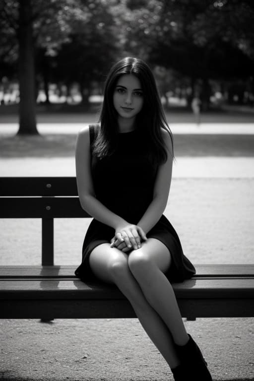 AI generated: Photo of a cute girl wearing a seductive black dress sitting on a bench at the park, daytime, deep p...