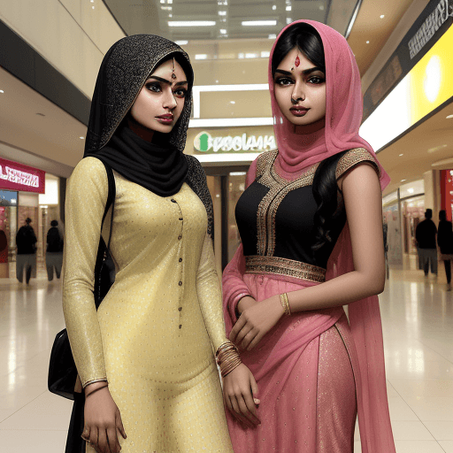 AI generated: two beautiful Bangladeshi woman/female standing at shopping mall. one is 23-year-old named neela and...