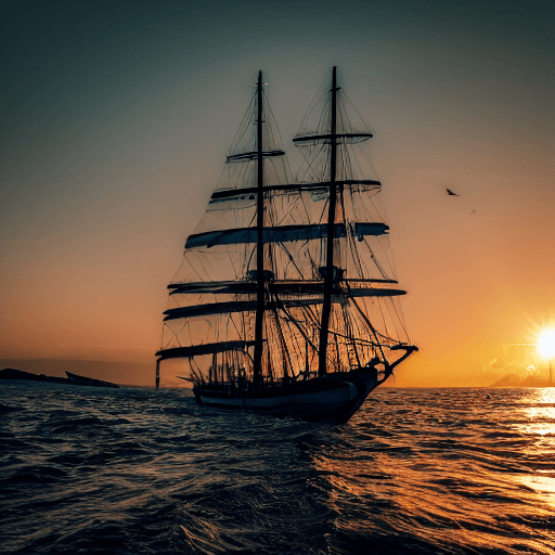 AI generated: photo of a sailing ship, dramatic light, pale sunrise, cinematic lighting, battered, low angle, 4k, ...