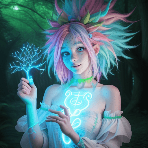 AI generated: photorealistic magical wizards tree forest Rave with a beautiful druid raver girl with cute innocent...
