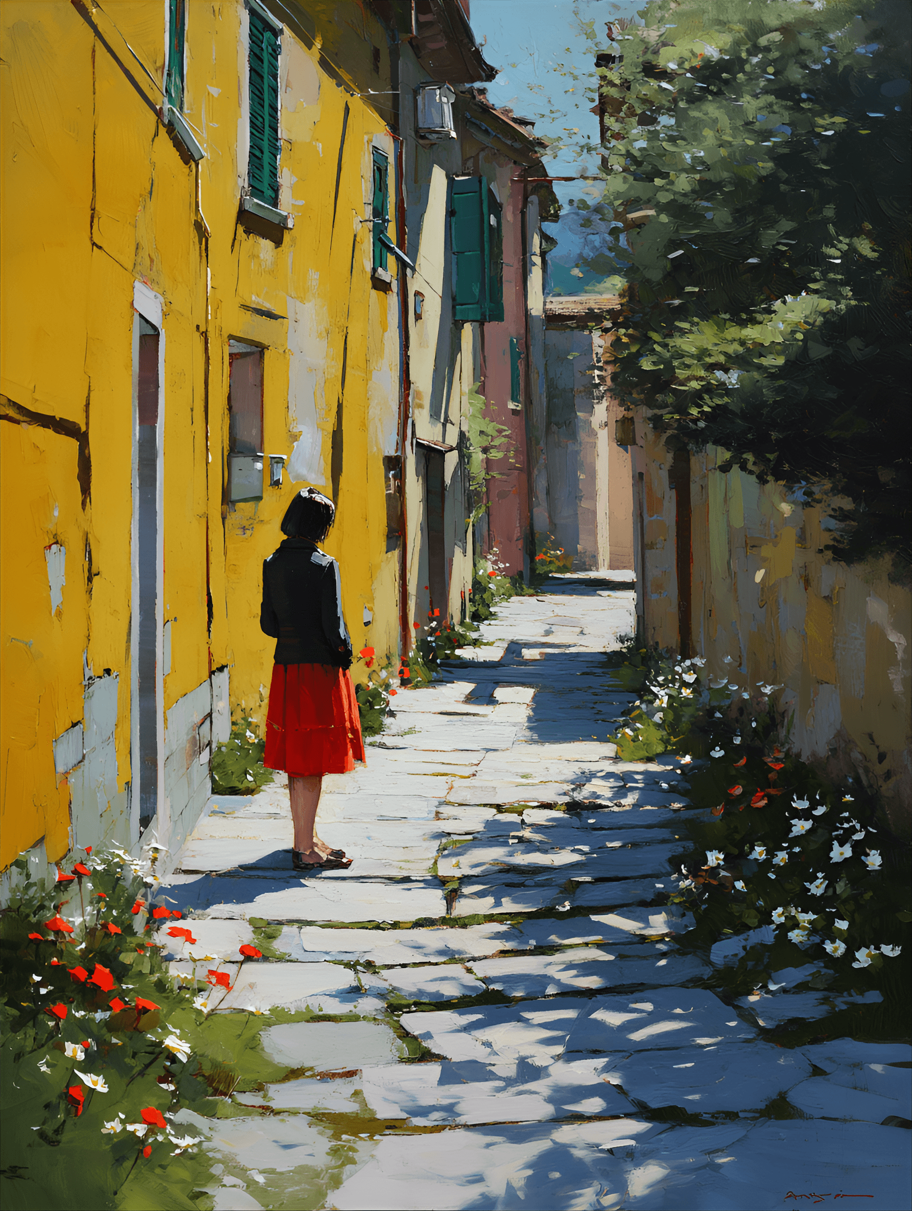 AI generated:  woman, middle-aged, light-skinned, is standing in a narrow alleyway. She is positioned on the left ...