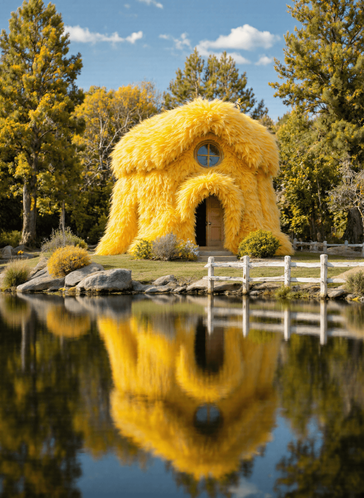 AI generated: The image depicts a whimsical scene featuring a small house with an unusual design. The house is cov...