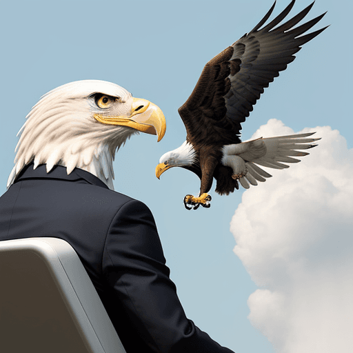 AI generated: Eagle bird as business man seat on rocket with clean background
