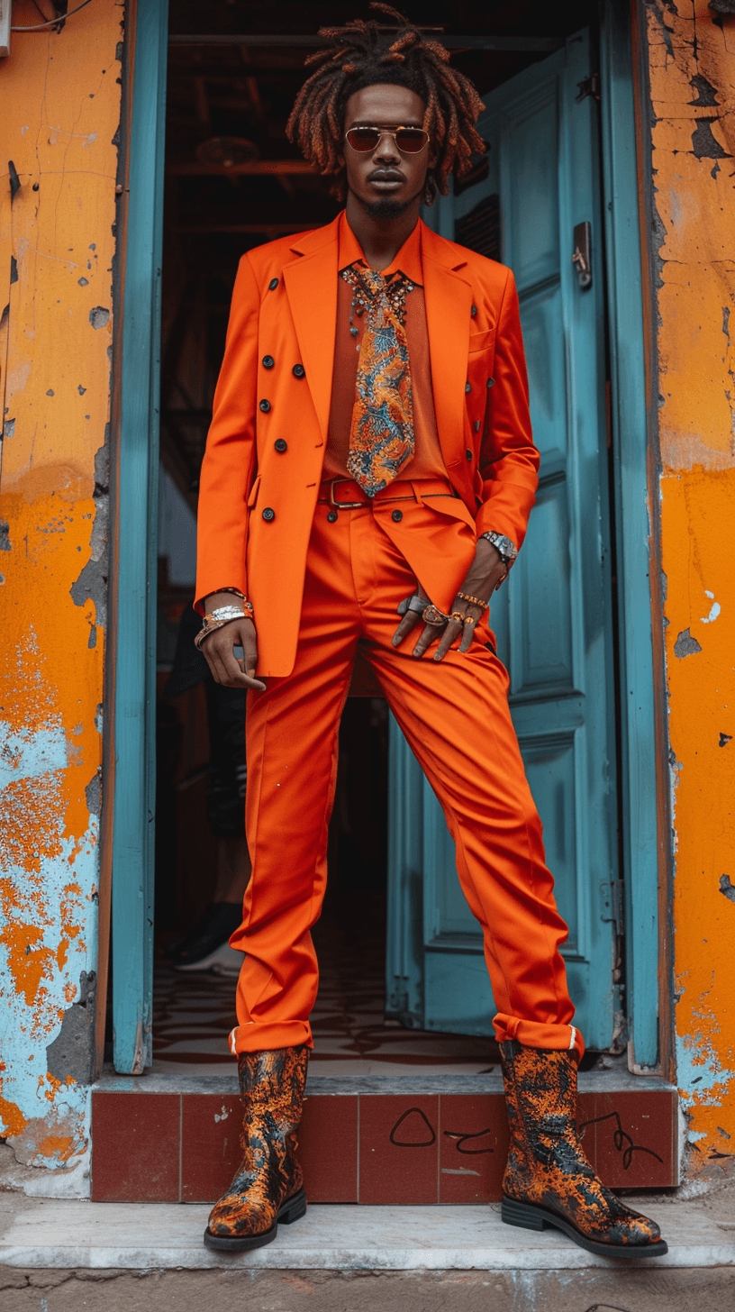 AI generated: fashion cover, front view, full-body, man model, door, chic camouflage suit, orange shirt and camofl...