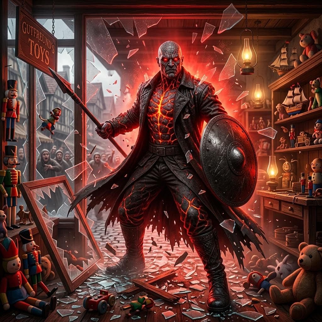 AI generated: a large golem male radiating a red glow busting into a medieval toy store through the front picture ...