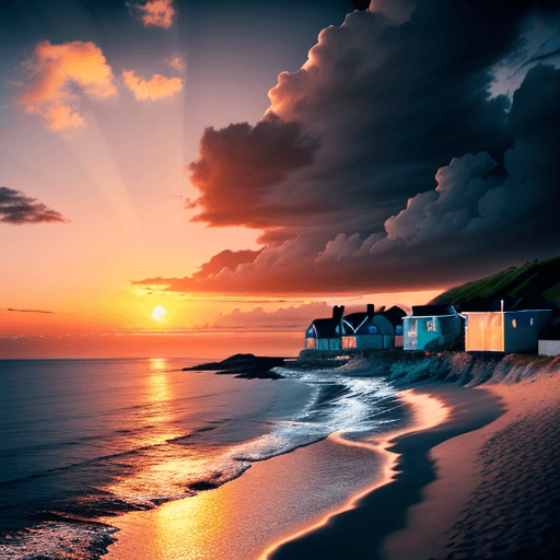 AI generated: landscape with sea view, cozy house on the shore against the background of sunset, light clouds in t...