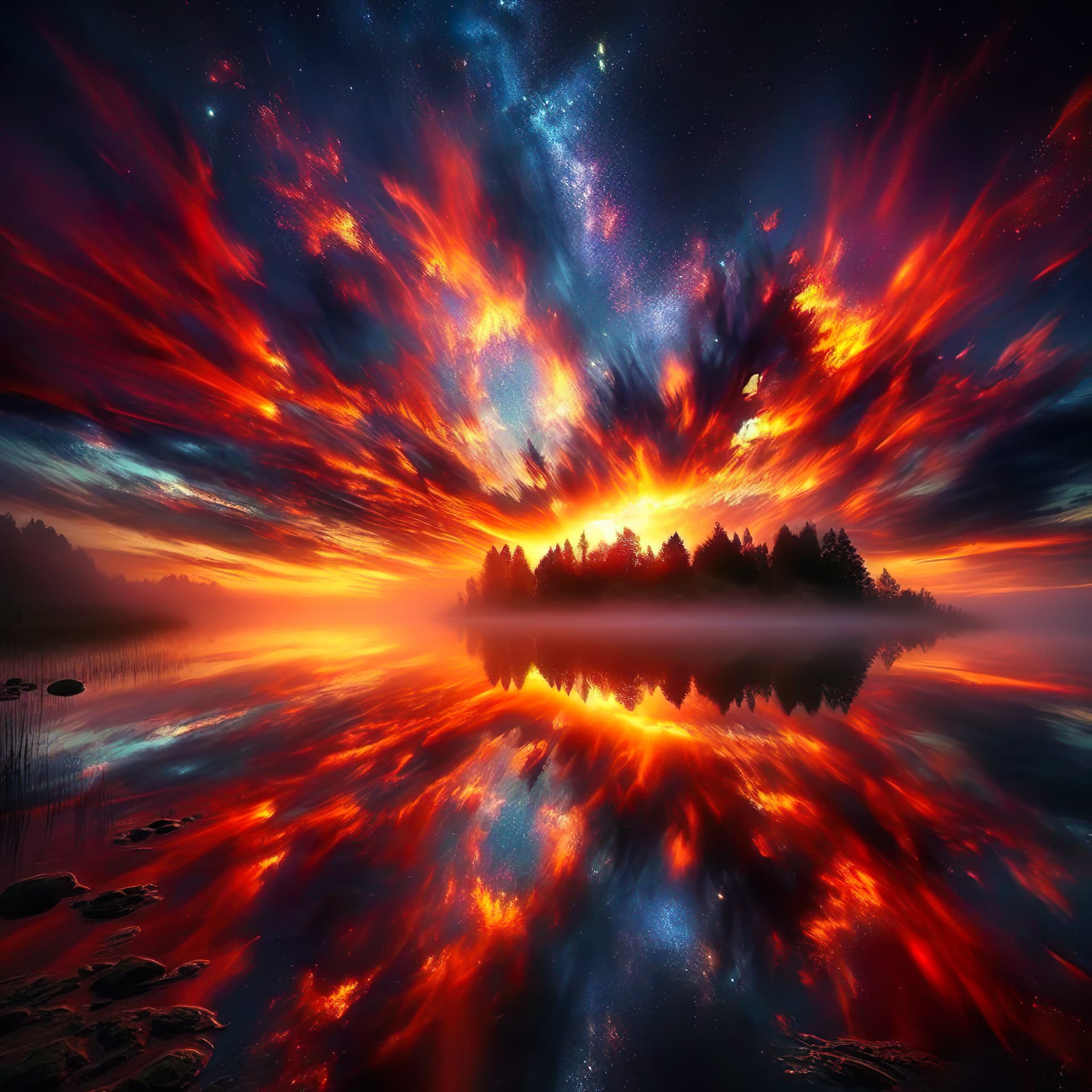AI generated: A fiery canvas of colors ignites the twilight sky. A mirage mirrors the celestial spectacle on the s...