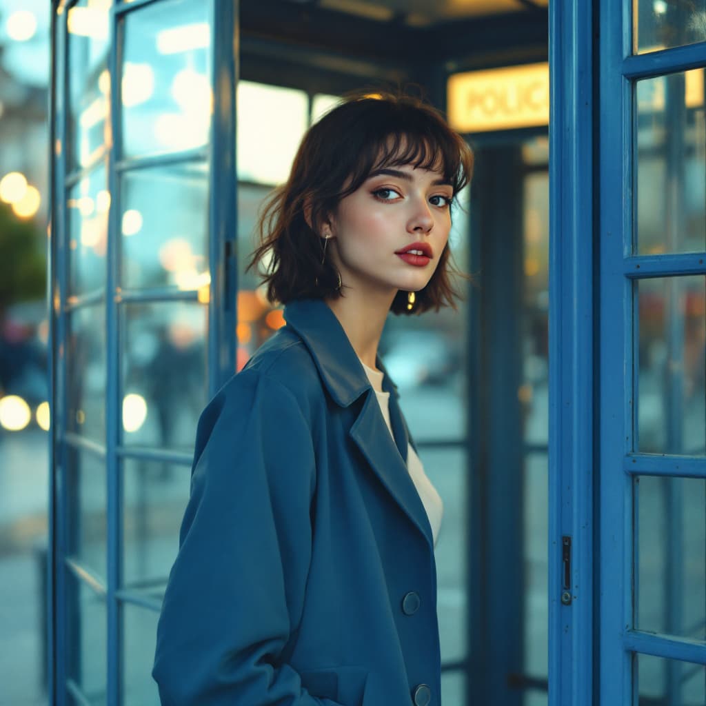 AI generated: Dr.WHO ,pertty young female,she is 30year old, she is stand next totelephone booth ,60s british poli...