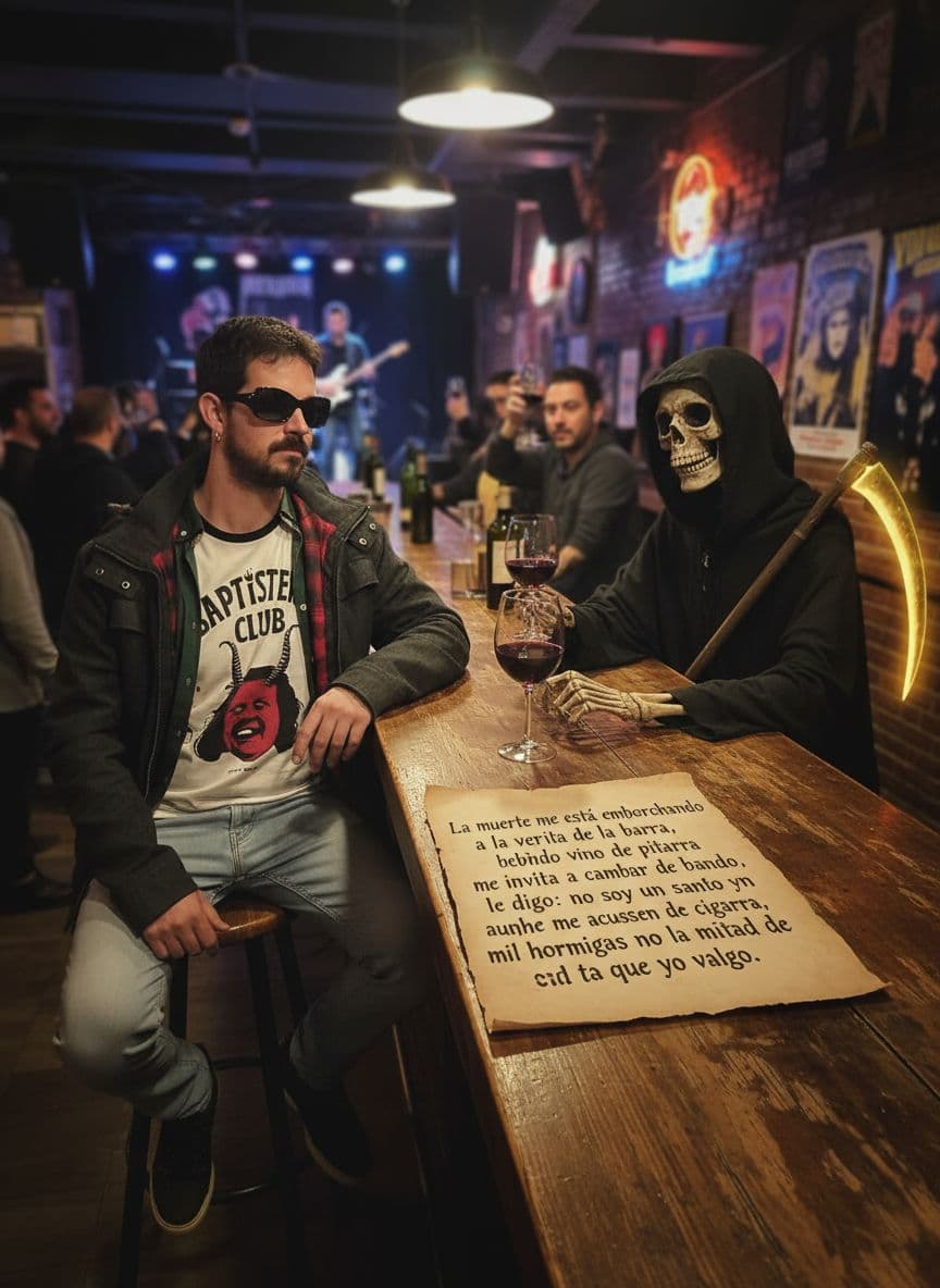 AI generated: Quiero que me des la imagen del tipo de referencia bebiendo con la muerte en un bar de rock and roll...