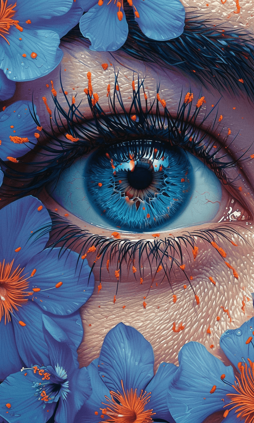 AI generated: a  painting of an eye with purple and orange flowers, in the style of james jean, mysterious jungle,...