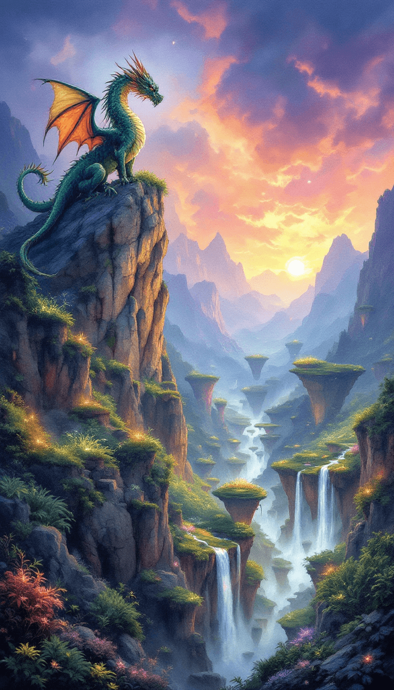 AI generated: A majestic Dragon perched on a craggy mountaintop, overlooking a mystical valley filled with floatin...
