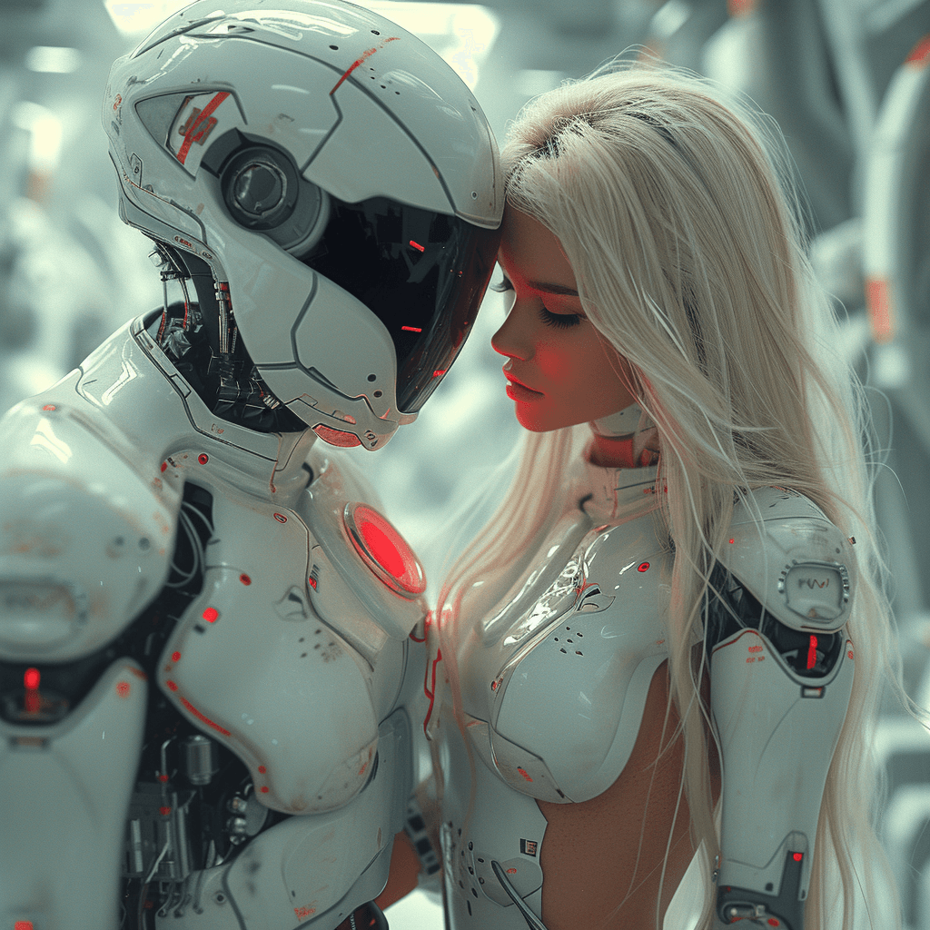 AI generated: Futuristic blonde with her bionic man