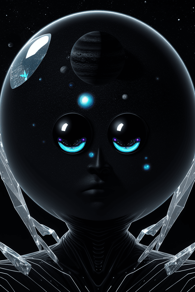 AI generated: an alien made of crystal::2 big shiny black eyes, soulful eyes::planet in the background --v 4 --q 2...