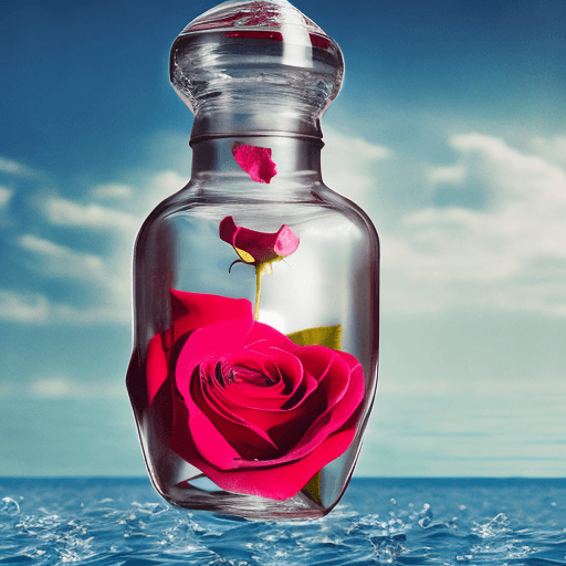 AI generated: A rose with love letter in a bottle, floating on clear sea water, hyper realistic photograph