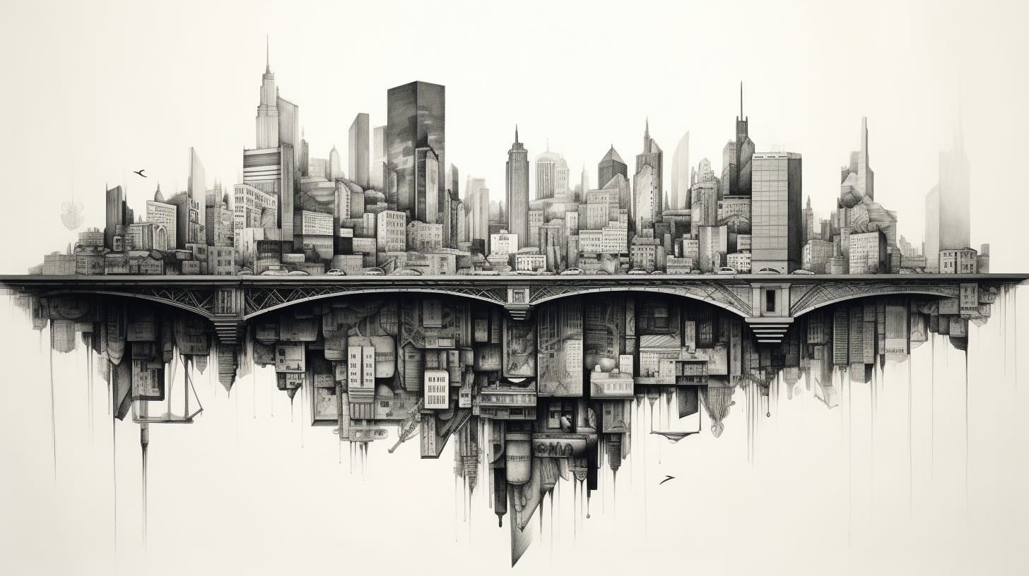 AI generated: ink sketch, warped cityscape folding onto itself, capturing the surreal essence of Inception