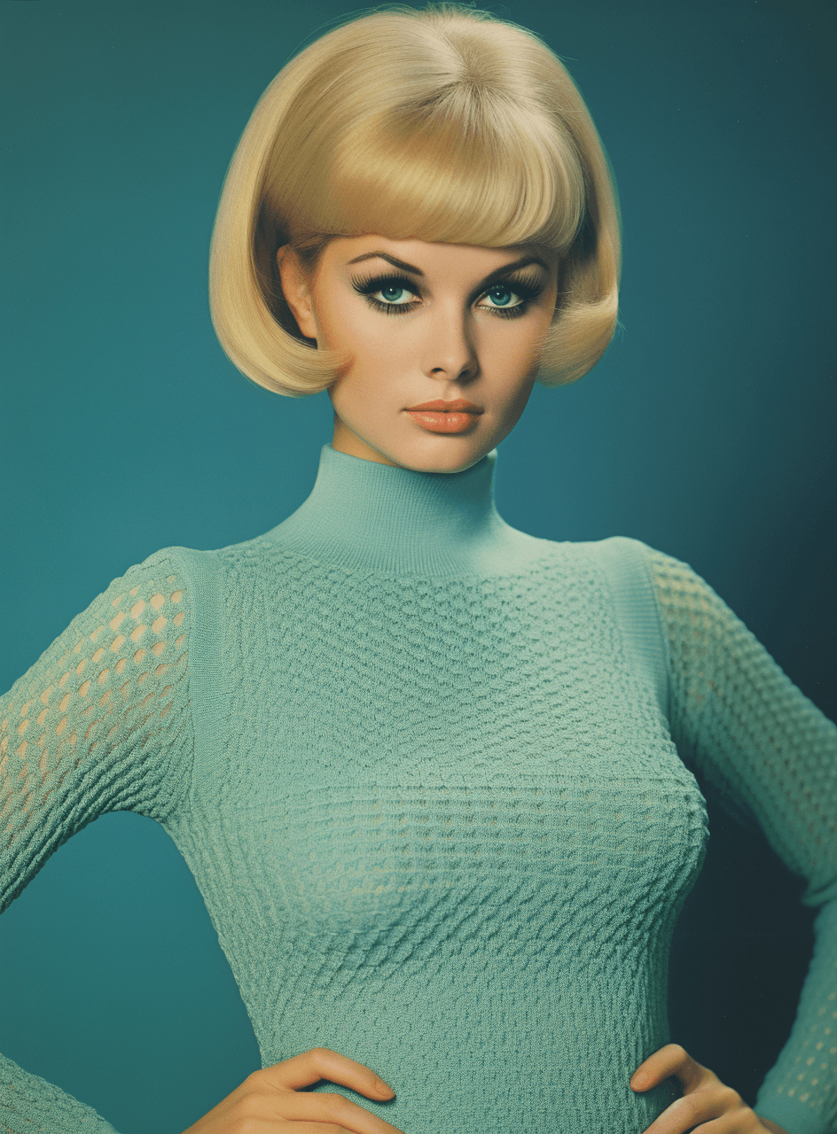AI generated: A full-page scan of an old fashion magazine featuring a blonde woman wearing a blue and green knitte...