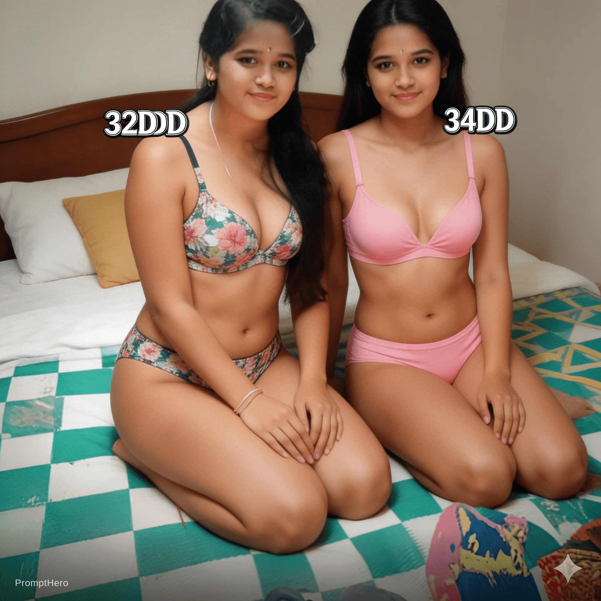 AI generated: The woman wearing a mix colour bra and panty with bust size is 32dd and figure shown as photo and ot...