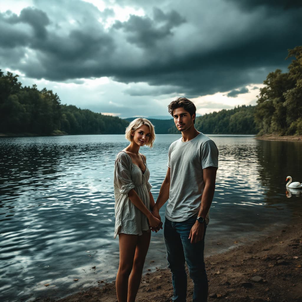 AI generated:   summer day by a lake surrounded by a leafy forest, with a storm approaching. A girl and a boy are ...
