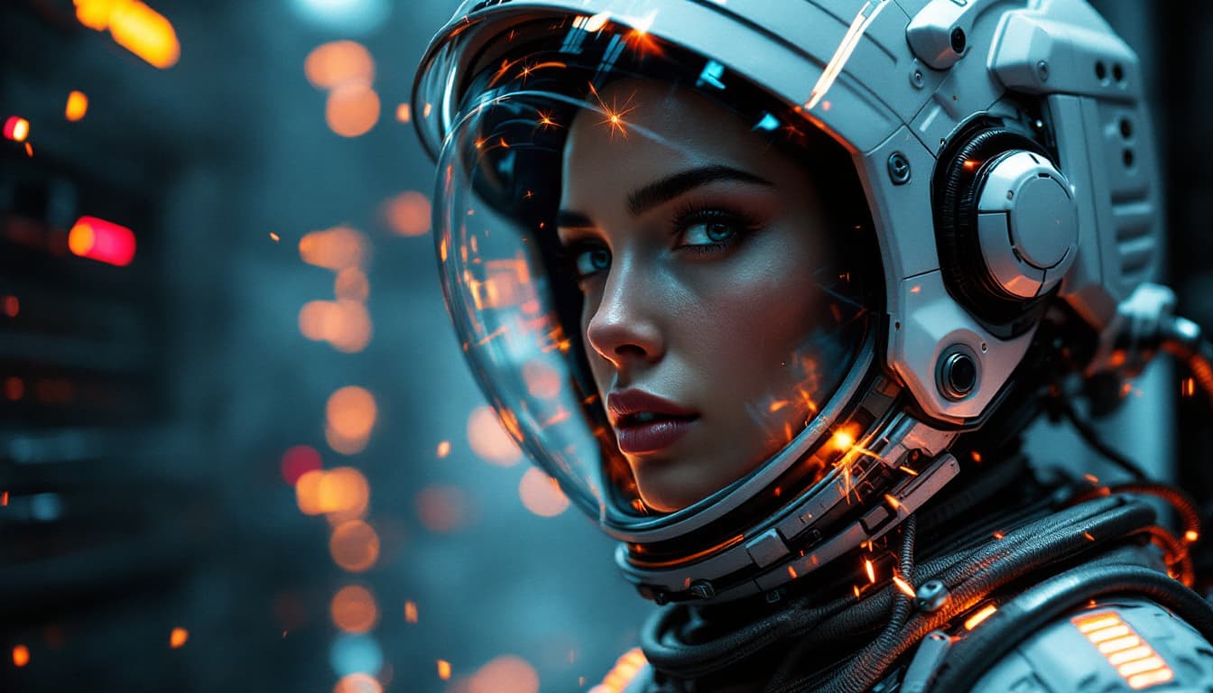 AI generated: Astronaut, wearing futuristic astonaut outfit with space helmet, beautiful body and face, very breat...
