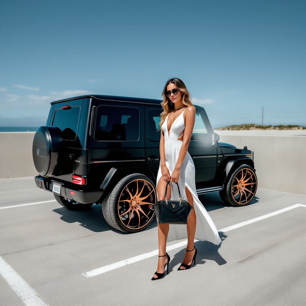 AI generated: young american caucasian woman dressed in a louis vuitton white dress and stilettos, holding a black...