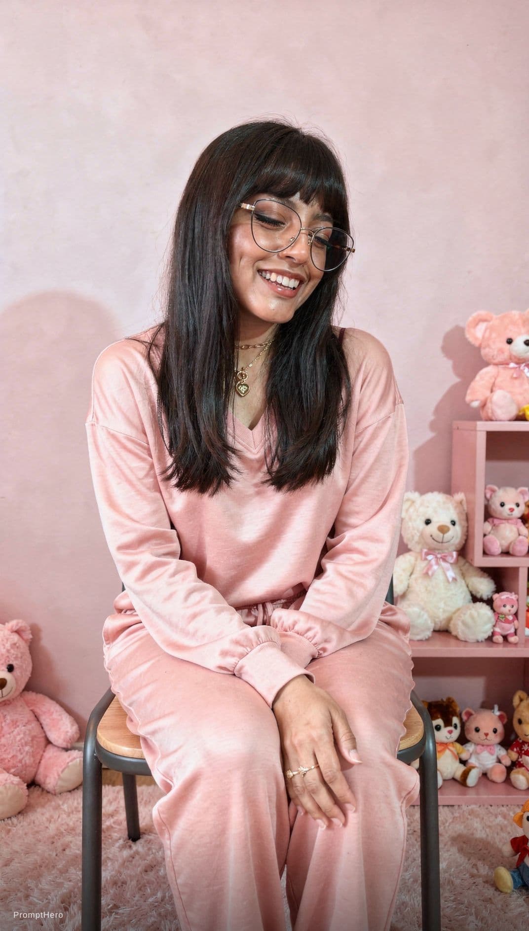 AI generated:  young model,lingerie model two pieces,sitting on a chair laughthing,blink,pink,toys and stuffed ani...