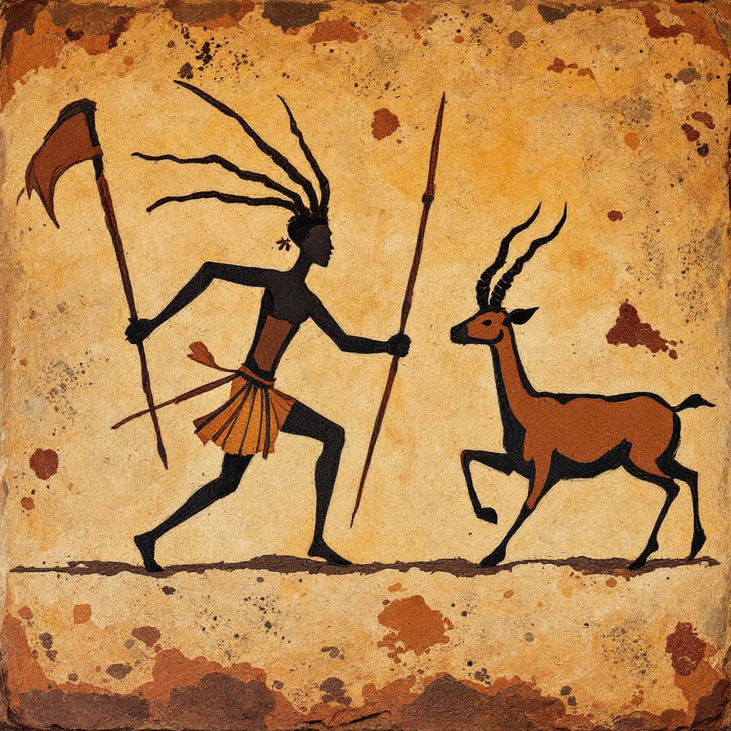 AI generated: Ancient hunters chasing antelope, rendered in the style of African cave paintings, with earthy ochre...