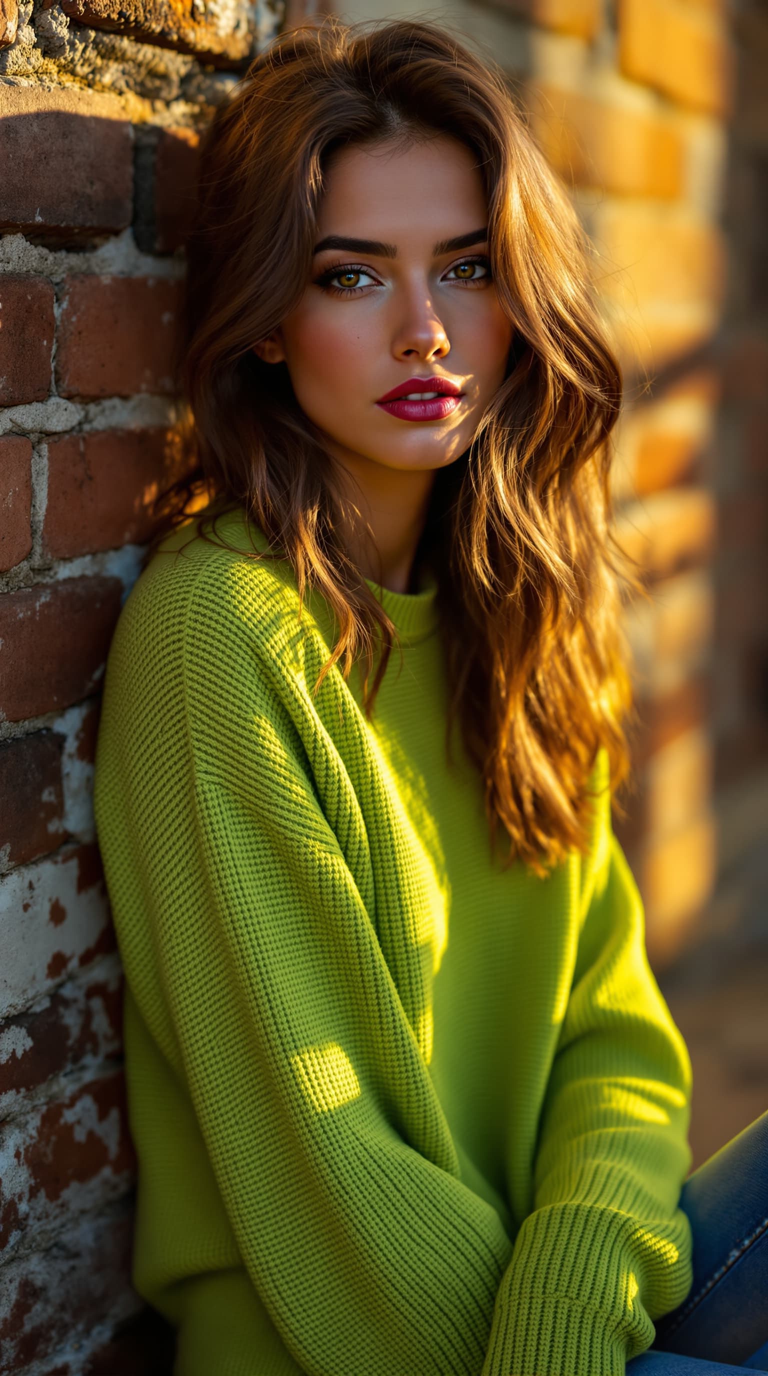 AI generated: "Image is a high resolution golden hour portrait of a model in her early 20' vibrant brunette hair, ...