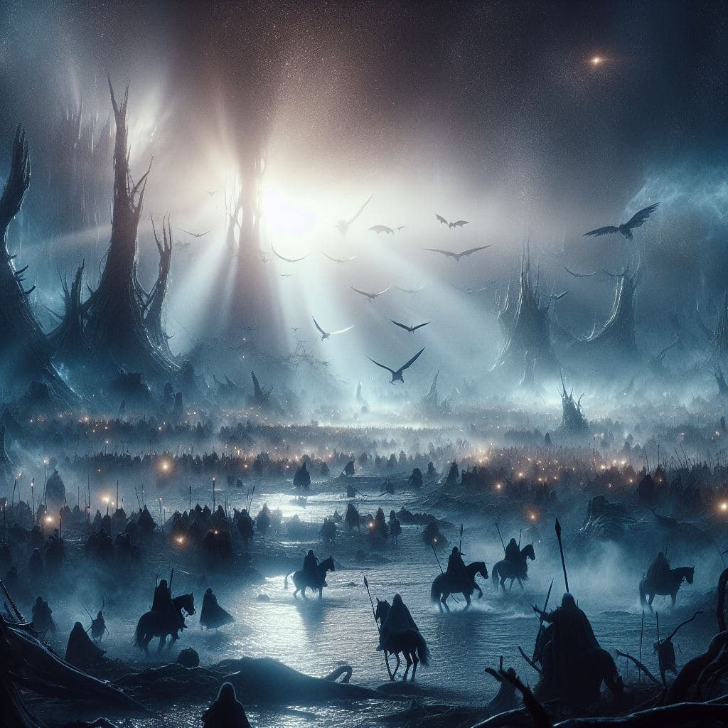 AI generated: The Battle of Dagorlad, Lord of the Rings, photorealism, shiny, glow, misty, The Dead Marshes, cinem...