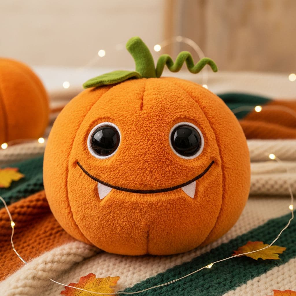 AI generated: an adorable plush pumpkin monster, fluffy and huggable, cute big eyes --sref 891555371 --v 7