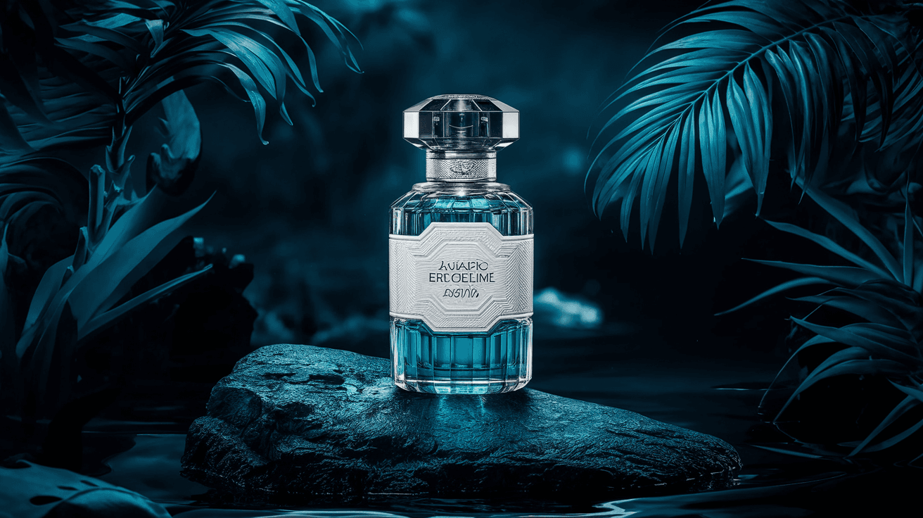 AI generated: luxury perfume bottle on a rock with white empty sticker, ad, brand, over a tropical deep dark backg...
