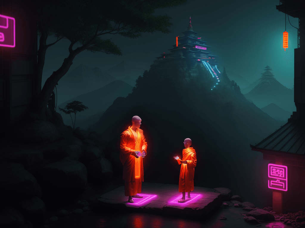 AI generated: buddhist monk master teaches a young cyberpunk buddhist on a neon lit mountain, standing in his oran...