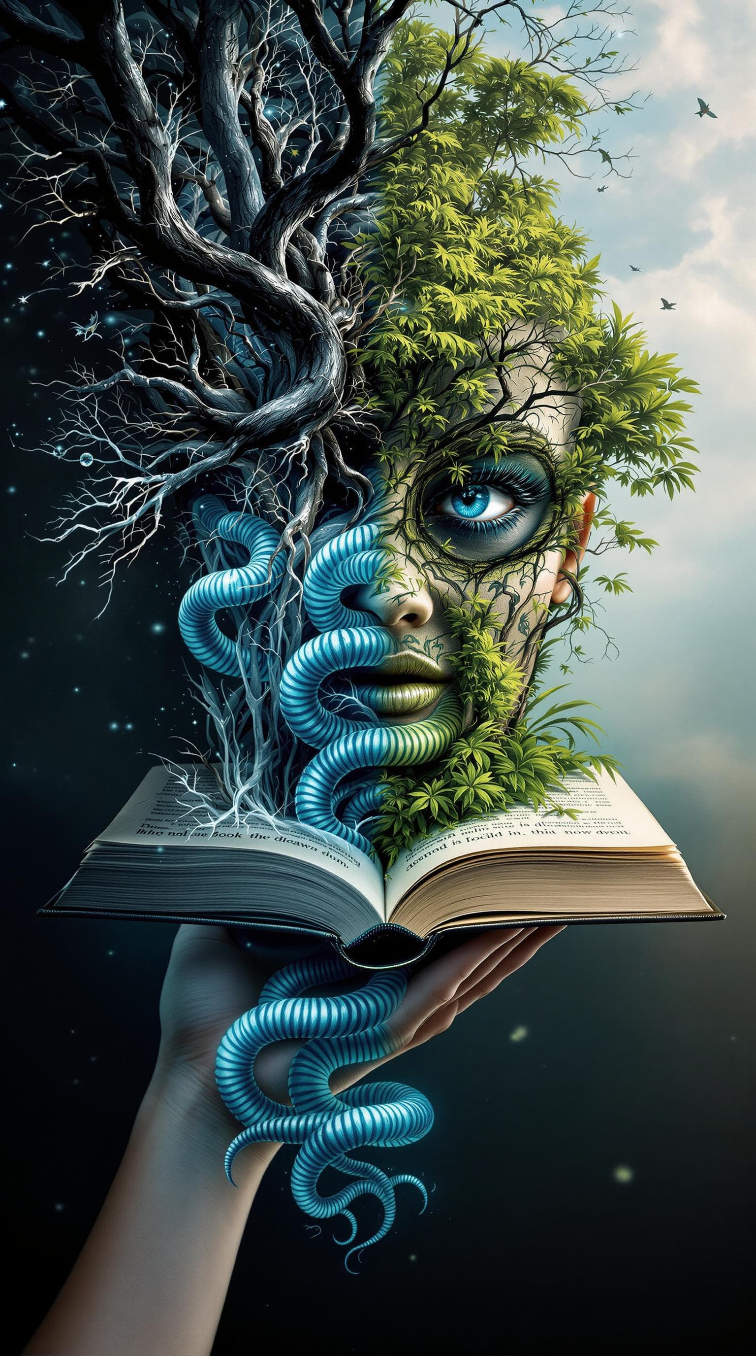 AI generated: Book that opens to another world On this side is a swamp and on the other side is a beautiful paradi...