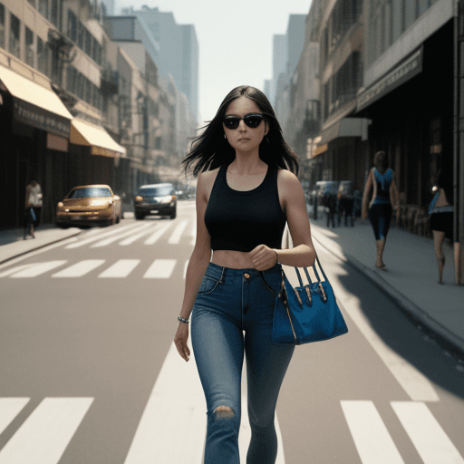 AI generated: 12K, HRD, film grain, 100 ASA, The image features a woman walking down a city street, wearing a blac...