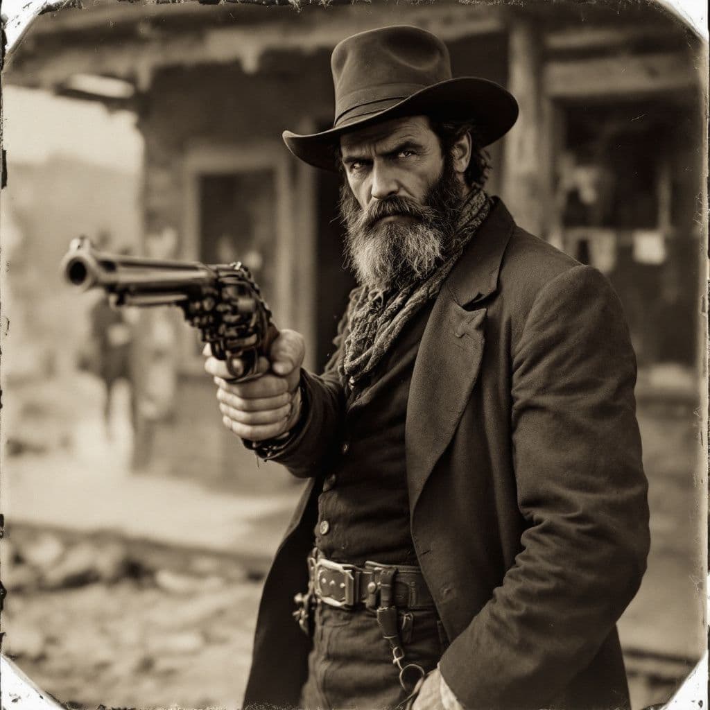 AI generated: western gunfighter, cowboy, saloon background, 1880's, hands render, tintype --ar 9:16 --v 4
