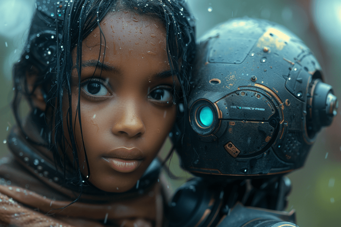AI generated: black android woman and the robot, in the style of anime art, realistic, emotive portraits, dreamy g...
