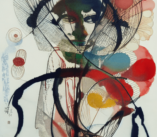 AI generated: Robert Rauschenberg japanese art nouveau WATERCOLOUR AND INK YOSHITAKA AMANO abstract, complex lines...
