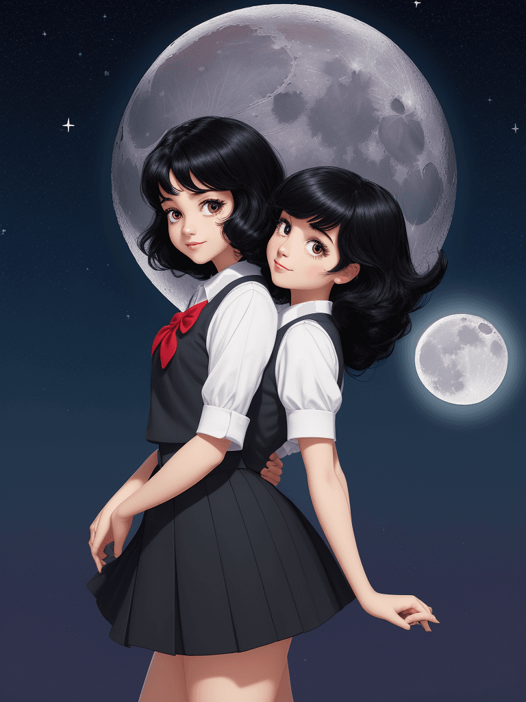AI generated: black hair, disney style, cute, pretty, moon, bright background, fantasy, stars, school uniform