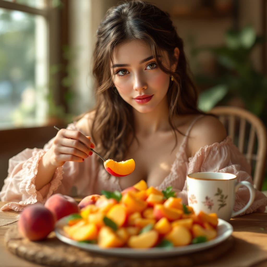 AI generated: a female sitting in table :1.3), (eating peach :1.3), (a large plate of peach and a mug of peach jui...