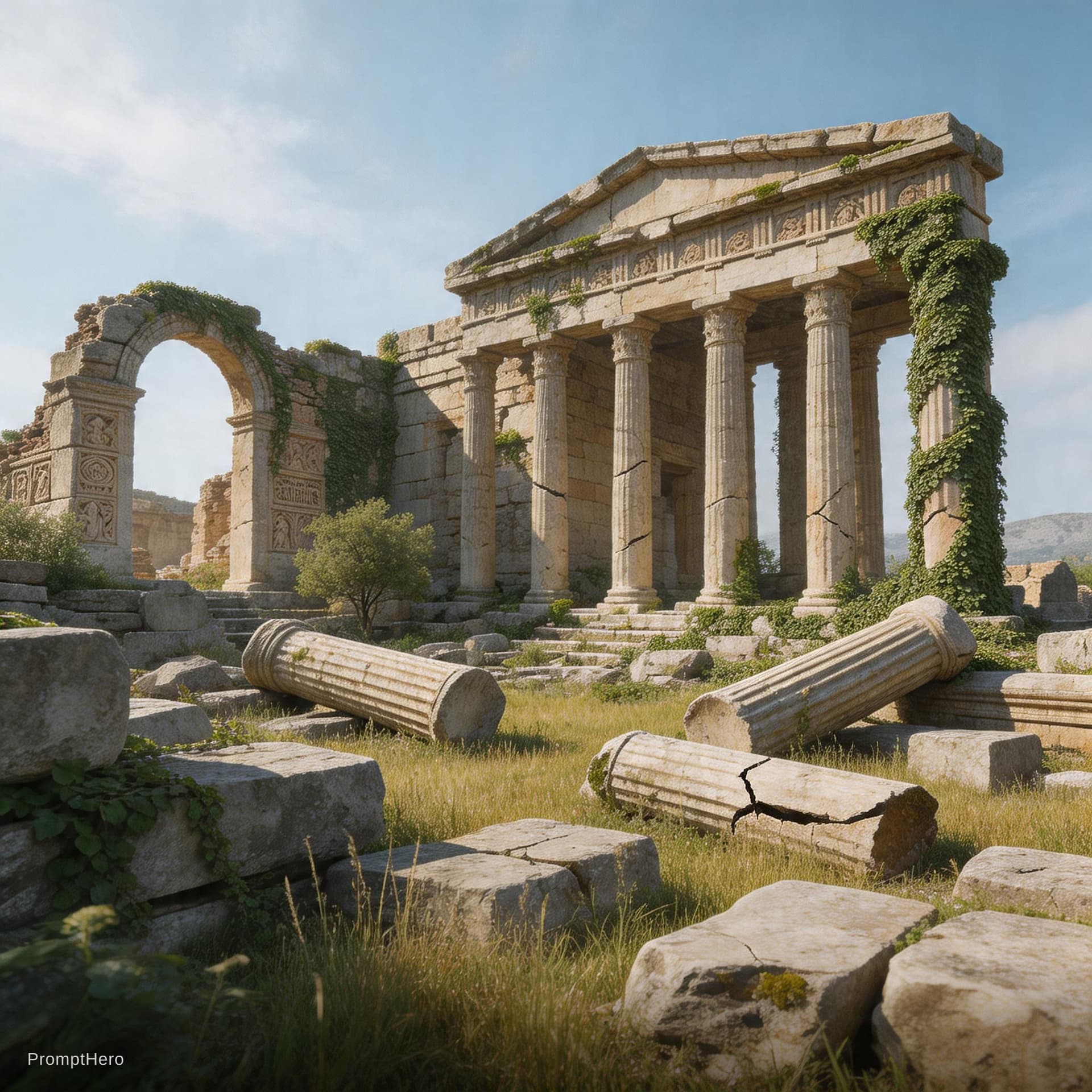 AI generated: Antik bir tapınağın günümüzdeki harap hali.