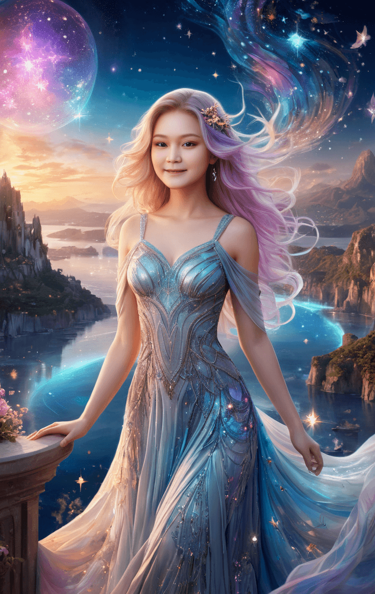 AI generated: A stunning digital artwork by Sakimichan featuring a beautiful, ethereal woman with flowing, multi-c...