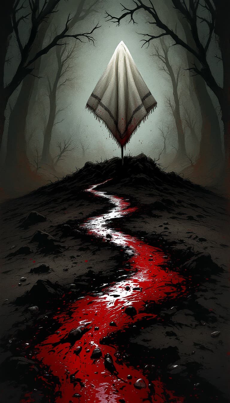 AI generated: a trail of blood leading to a Victorian handkerchief sticking out of the soil.  in a Penny Dreadful ...