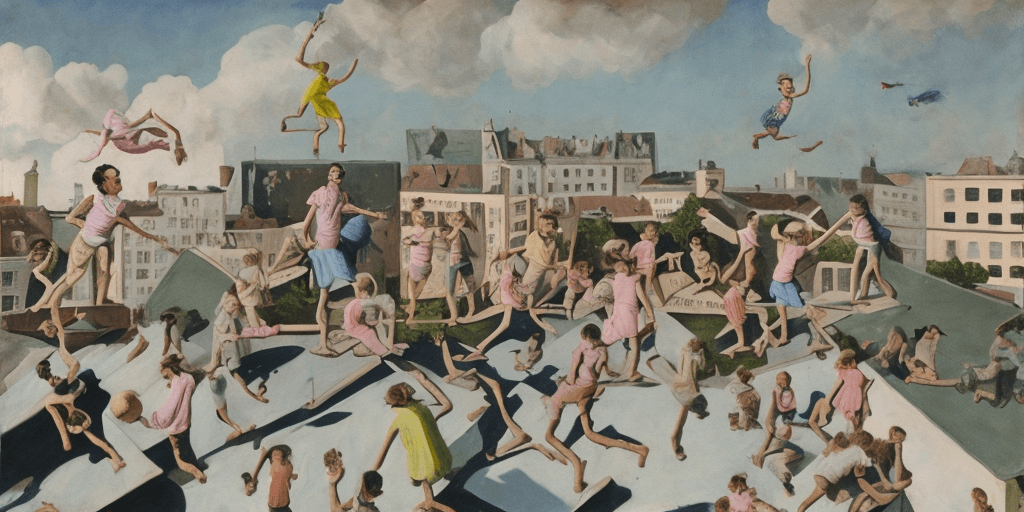 AI generated: children playing on rooftop, neo rauch, painting with incomparable reality, intricate details