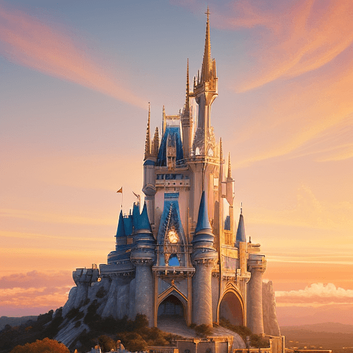 AI generated: Bathed in the soft, golden hues of a dreamy sunset, Disney's iconic castle stands majestically again...