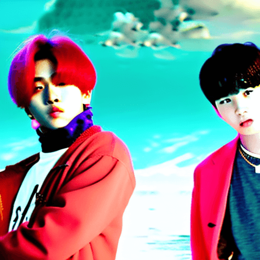 AI generated: stray kids felix lee and han jisung on dolphin in the ocean explosion behind super cinematic and rom...