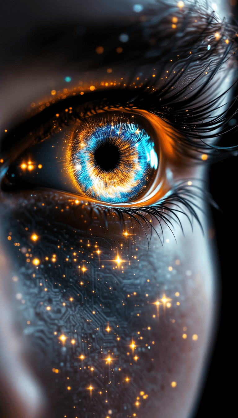 AI generated: A close-up photograph of a human eye, the iris replaced with a swirling galaxy of vibrant hues and g...