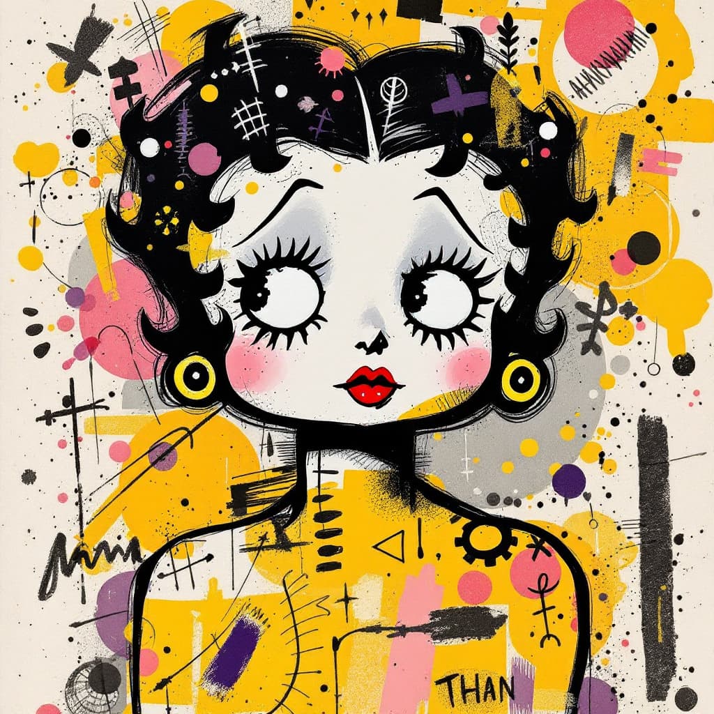 AI generated: A mixed media collage featuring Betty Boop figure with expressive eyes, adorned in vibrant patterns ...